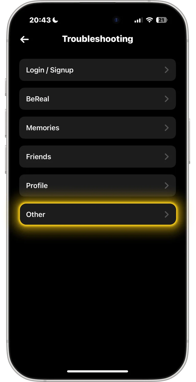 BeReal Troubleshooting screen — tap Other